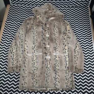 Jones New York Faux Fur reversible Hooded Coat Leopard Animal Print Tan Black M